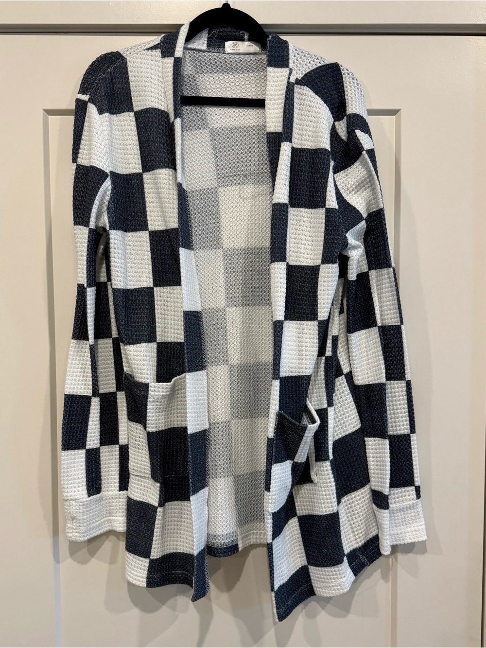 Open-Front Black and White Checkered Women's Cardigan Sweater